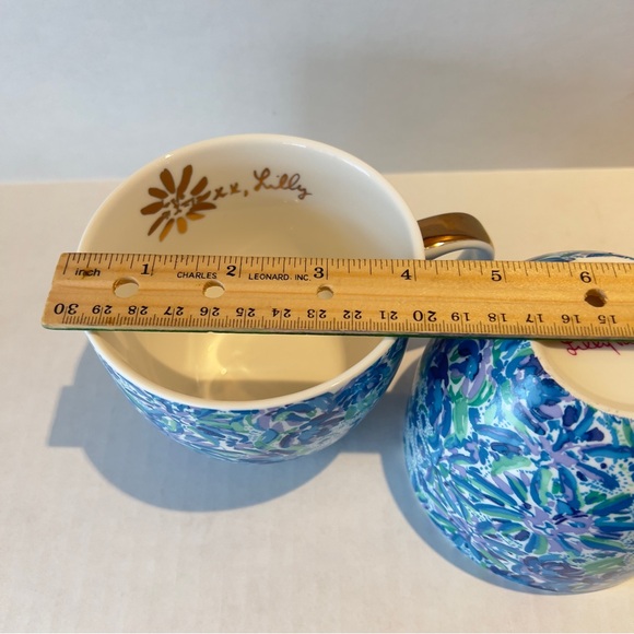 Lilly Pulitzer Coffee Tea Mugs “Lion Around" Blue Floral Gold Trim Cups Set 2 - Picture 8 of 8
